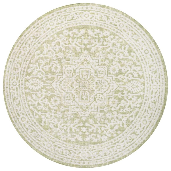 Sinjuri Medallion Textured Weave Green/Cream 5 ft. Round Indoor/Outdoor Area Rug