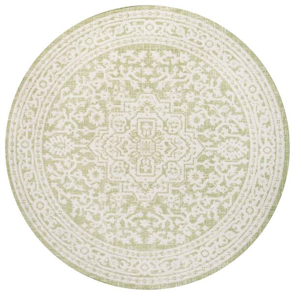 Sinjuri Medallion Textured Weave Green/Cream 5 ft. Round Indoor/Outdoor Area Rug