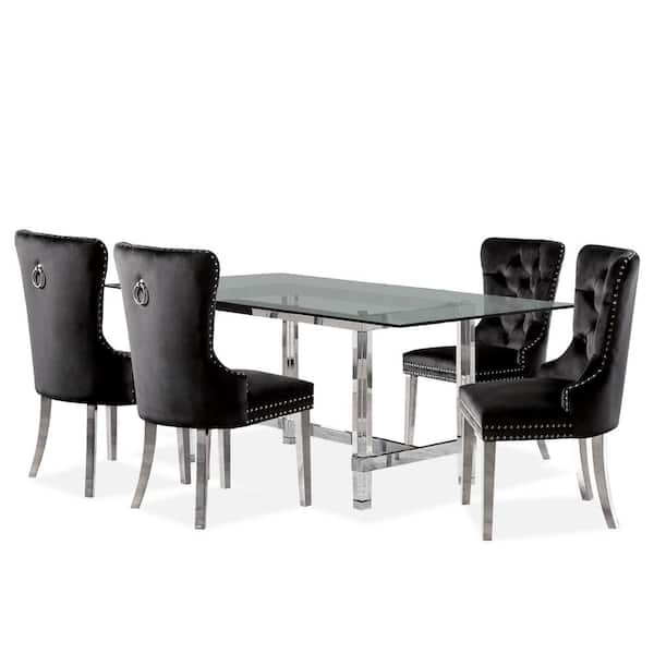Furniture of America Somersett 5-Piece Rectangle Glass Top Chrome and Black Dining Table Set