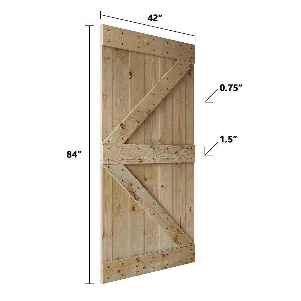 Unfinished Pine Wood Sliding Barn Door with Black Hardware Kit