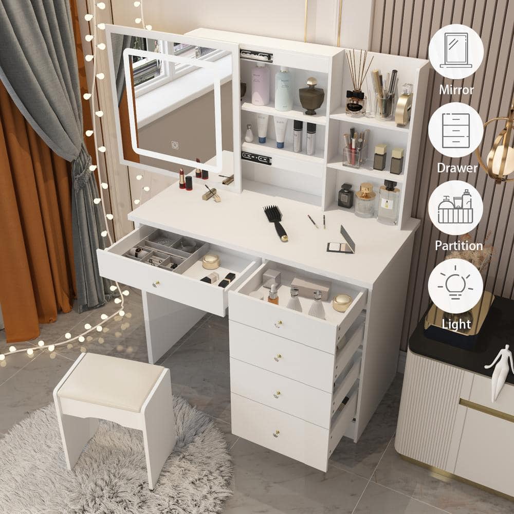 5-Drawers White Wood Makeup Vanity Sets Dressing Table Sets With LED Push-Pull Mirror, Stool and Storage Shelves - thumbnail 5