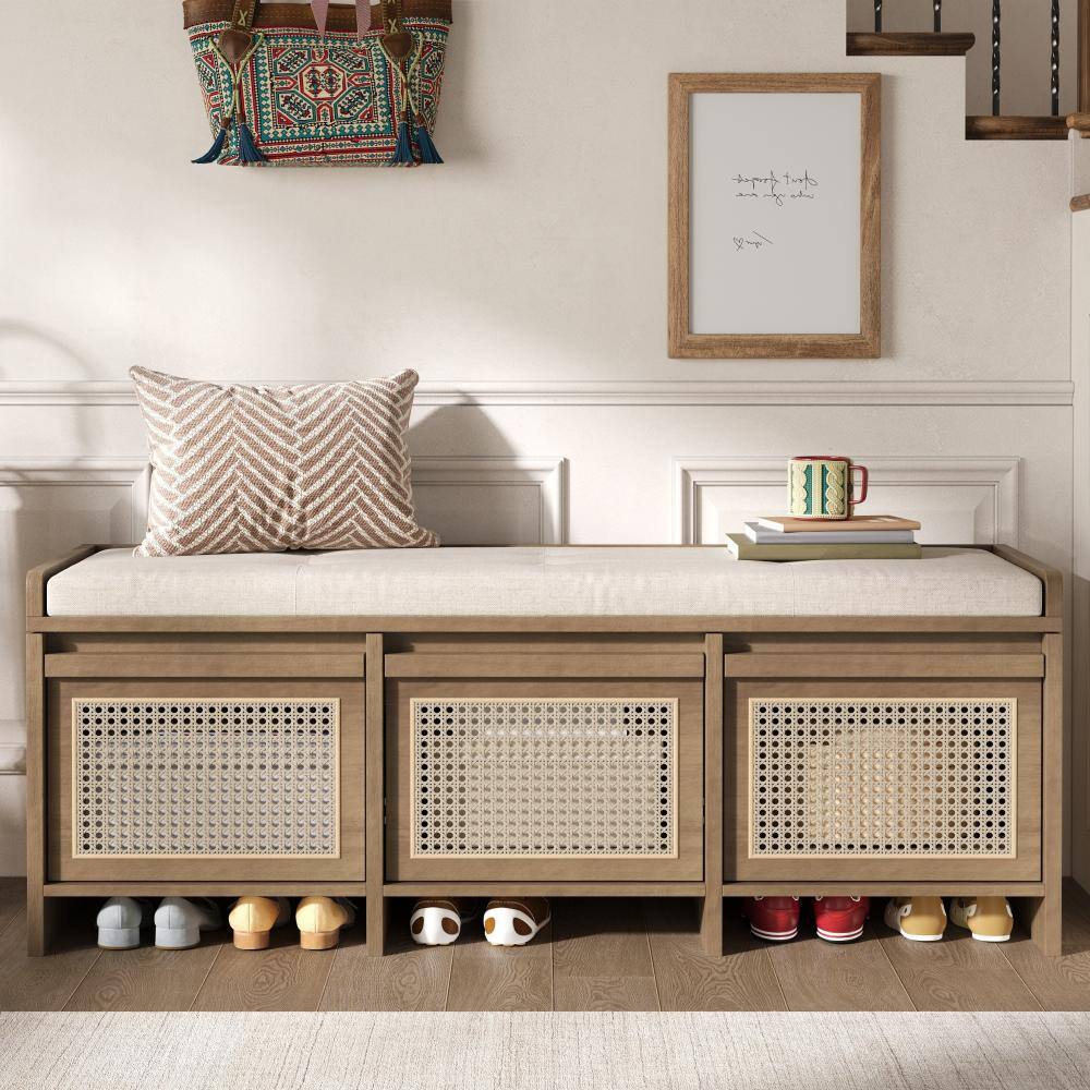 Natural 48 in. W Wood Storage Shoe Bench with Rattan Drawers and Tufted Upholstered Cushion price history on PriceWatchPro