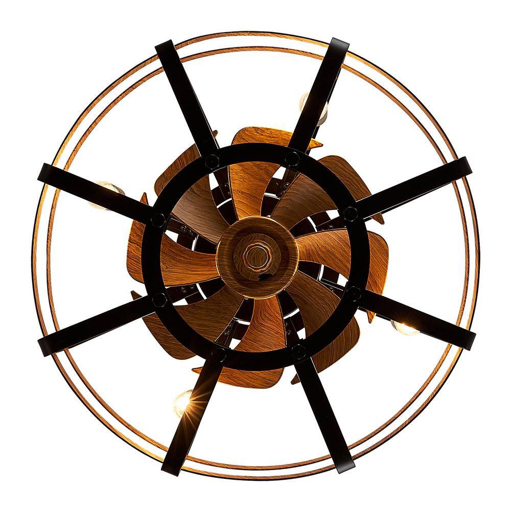 ANTOINE 20 in. Indoor 4Light Farmhouse Wood Grain Caged Ceiling Fan with Light Black Bladeless