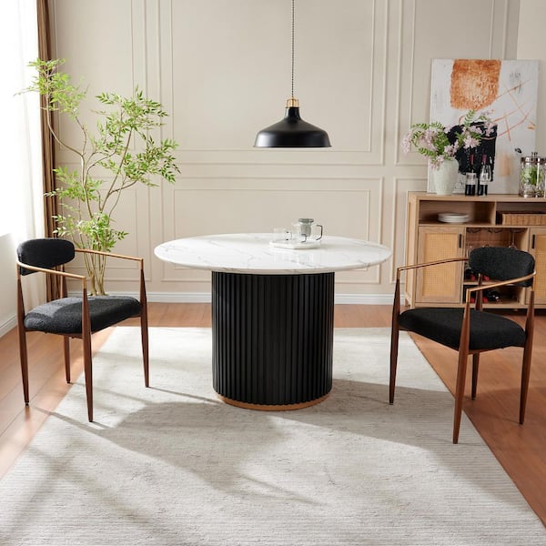 Morden Fort Wood Grain 3-Piece Faux Marble Round Table with Black Boucle Arm Chair Dining Room Set for Kitchen