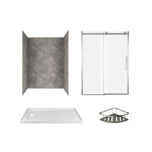 Passage 60 in. x 72 in. Left Drain 4-Piece Glue-Up Alcove Shower Wall, Shelf, Door and Base Kit in Gray Concrete