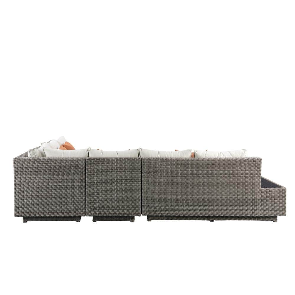 Salena Beige Fabric and Gray Wicker Patio Sectional with Cocktail Table