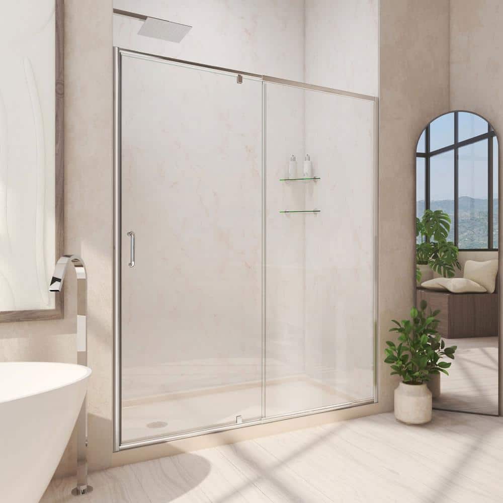 Flex 60 in. W x 32 in. D x 74.75 in. Framed Pivot Shower Door in Chrome with Left Drain Biscuit Acrylic Base Kit price history on PriceWatchPro