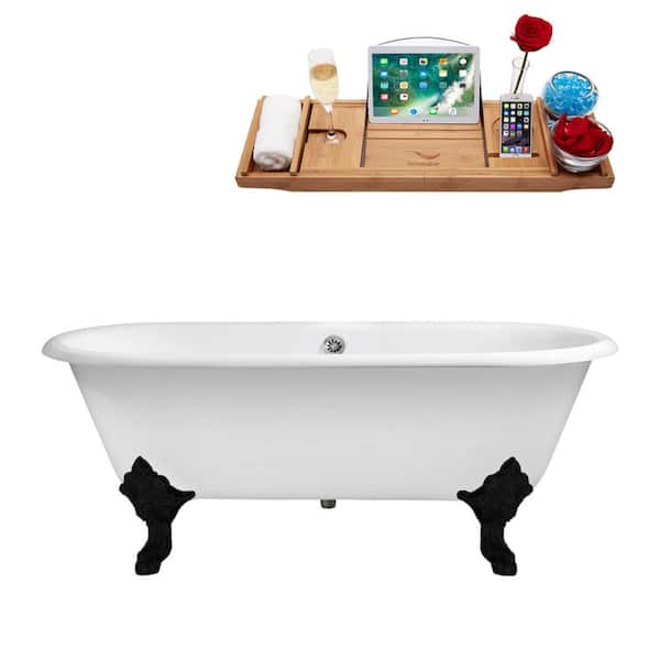 Streamline 69 in. x 32 in. Cast Iron Clawfoot Soaking Bathtub in Glossy White with Matte Black Clawfeet and Polished Chrome Drain
