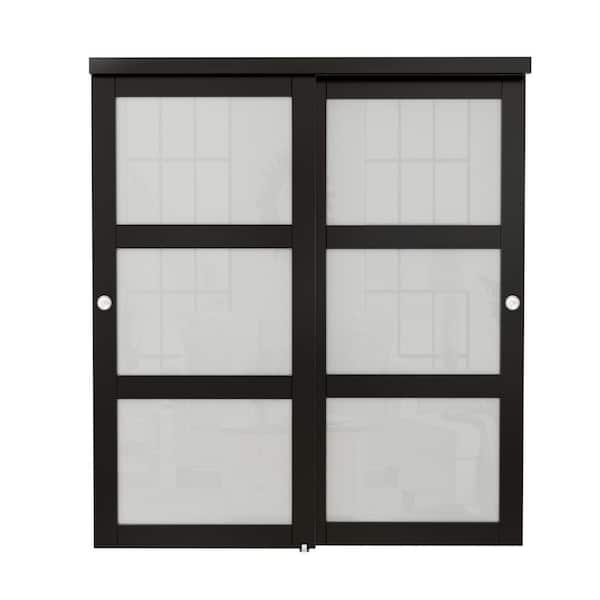 72 in. x 80 in. 3 Lites Frosted Glass MDF Black Closet Sliding Door with Hardware Kit