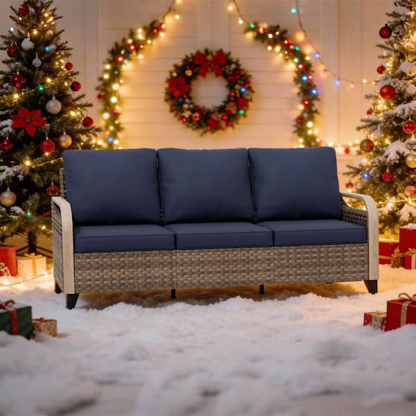 Brown 1-Piece Wicker Rattan Outdoor Patio Sectional Set 3-Seat Sofa with Blue Cushions