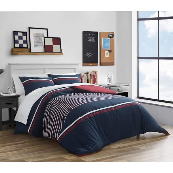 Nautica Mineola 3-Piece Navy Blue Striped Cotton Full/Queen Duvet