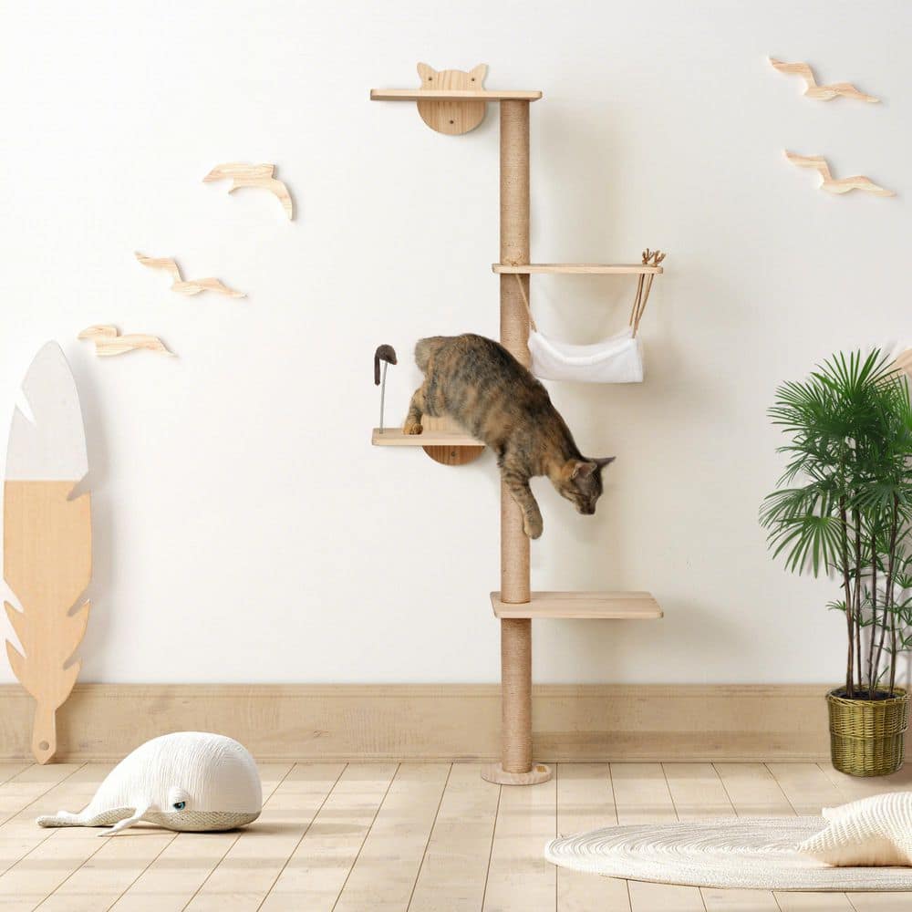 Natural Pinewood Wall-Mounted 4-Tier Cat Tree with Sisal Scratching Post