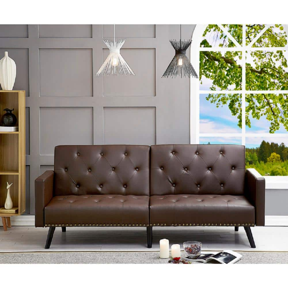 Espresso, Faux Leather Tufted Split Back Futon Sofa Bed, Folding Convertible Couch, Futon Convertible Sofa Bed -  HOMESTOCK, 85574W