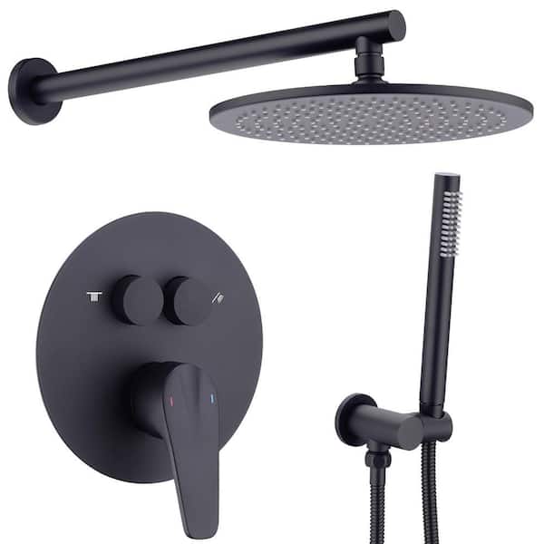 Single Handle 2-Spray Shower Faucet 1.8 GPM 10 in. Round Wall Mounted Shower with Pressure Balance in. Matte Black
