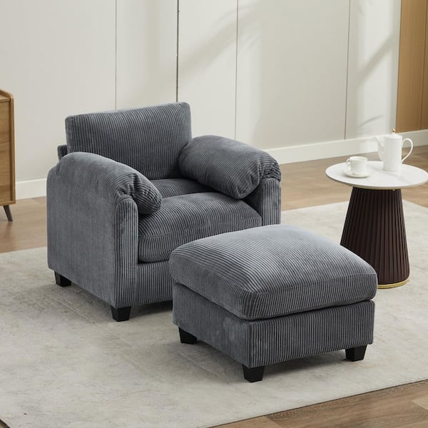 Jearey Modern Dark Grey Corduroy Velvet Accent Armchair with Ottoman for Living Room