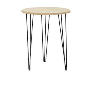 18 in. Brown Large Round Wood End Accent Table with Black Metal Hairpin Legs