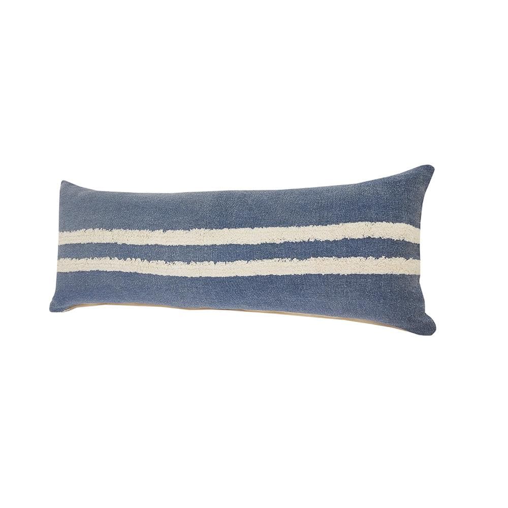 Dusty Blue and White Striped Tufted Lumbar Throw Pillow, 14" x 36"