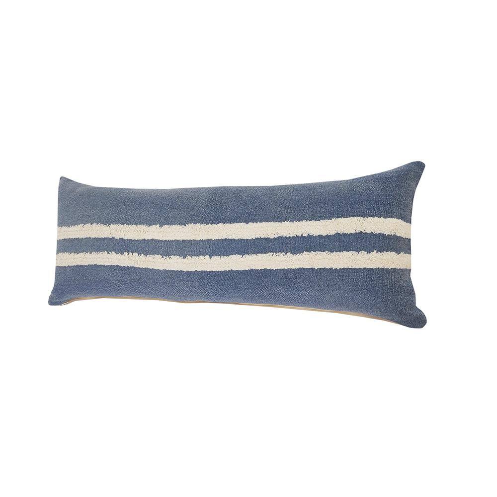 Dusty Blue and White Striped Tufted Lumbar Throw Pillow, 14" x 36"