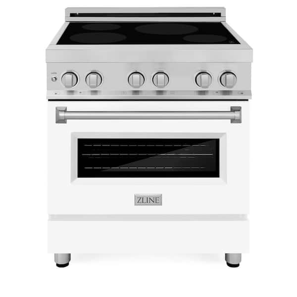 ZLINE Kitchen and Bath 30 in. Freestanding Electric Range with 4 Burner Elements Induction Cooktop with White Matte Door in Stainless Steel