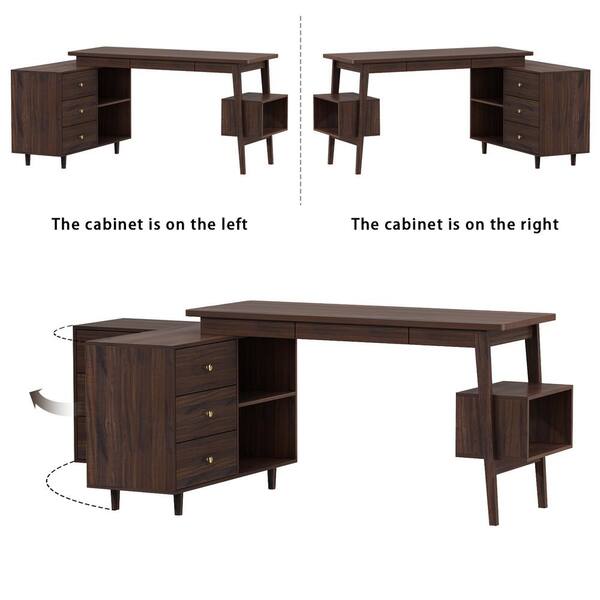 54.3 in. Reversible L-Shaped Brown Wood Writing Desk Office Workstatio
