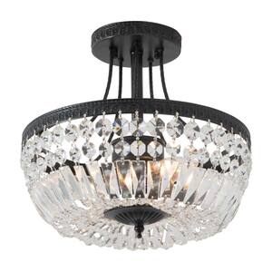 Portland 11.8 in. 3-Light Black Simple Bowl Semi-Flush Mount With Crystal Shade