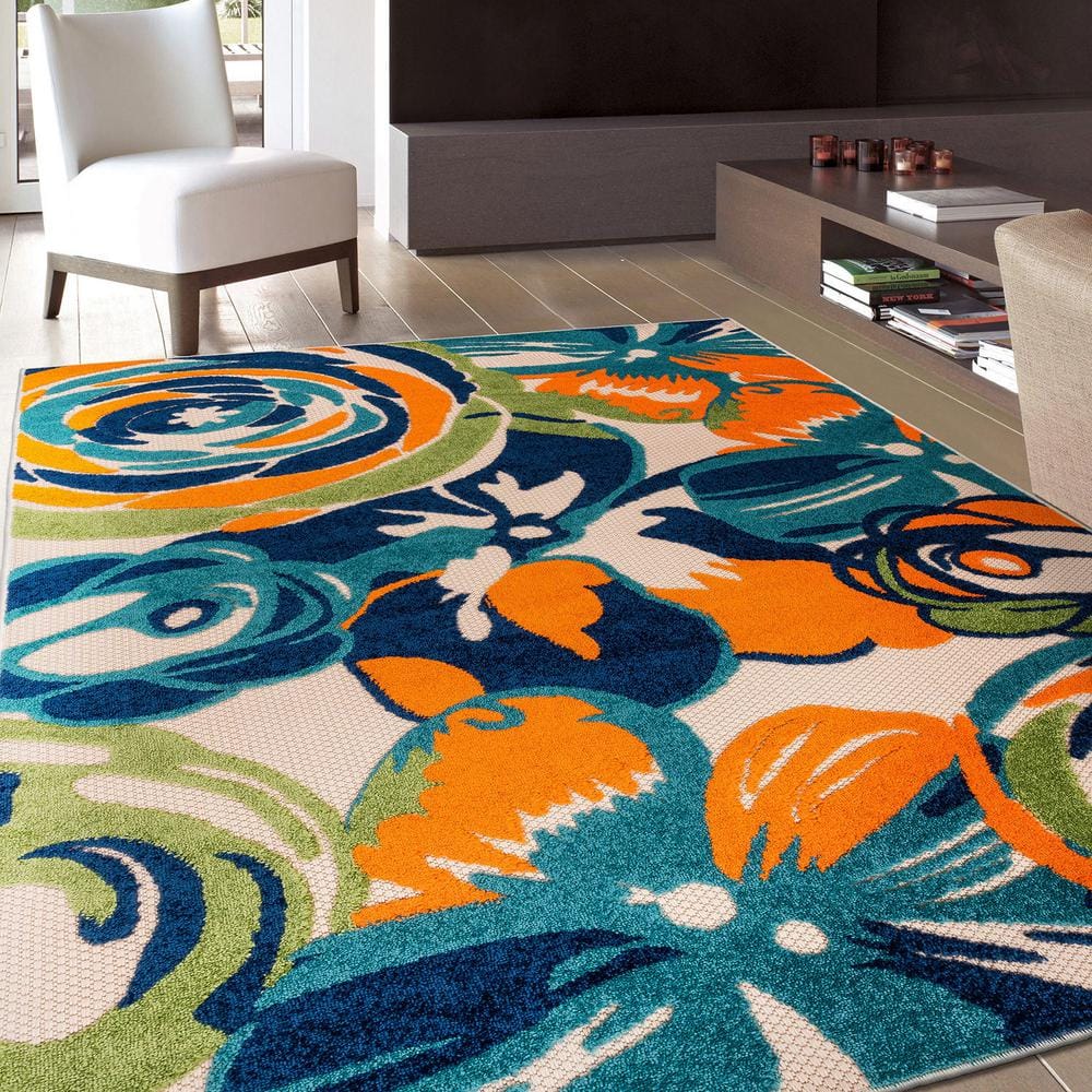Modern Multi-Color Floral Synthetic Indoor/Outdoor Area Rug 8' x 10'