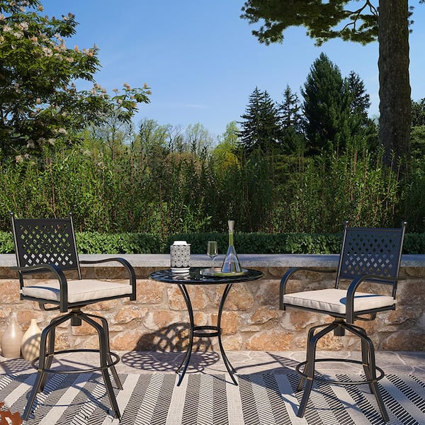 360° Swivel Function Aluminum Frame Outdoor Bar Stool Chair with Gray Fabric Cushion (Set of 2)