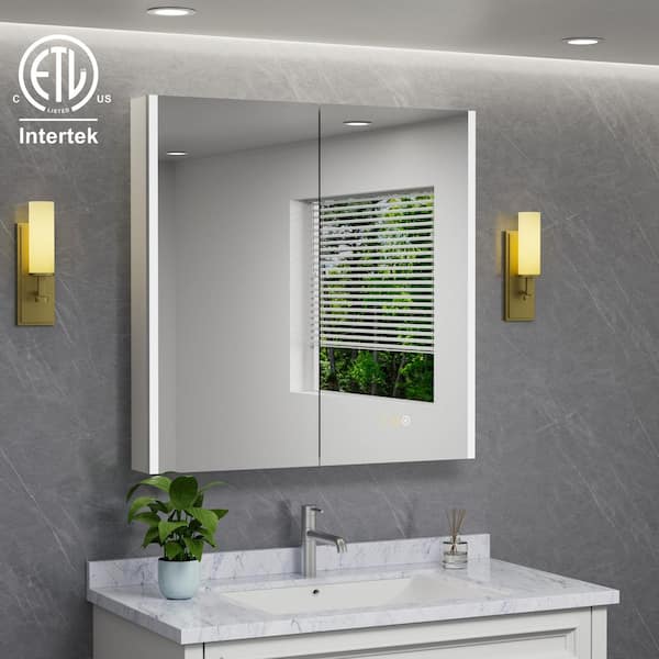 HBEZON Eos 48 in. W x 32 in. H Rectangular Aluminum Surface/Recessed Mount Medicine Cabinet with Mirror and Light, Fog Free