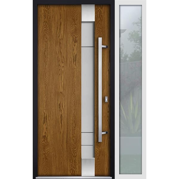 VDOMDOORS 48 in. x 80 in. Left-Hand/Inswing Sidelight Frosted Glass Natural Oak Steel Prehung Front Door with Hardware
