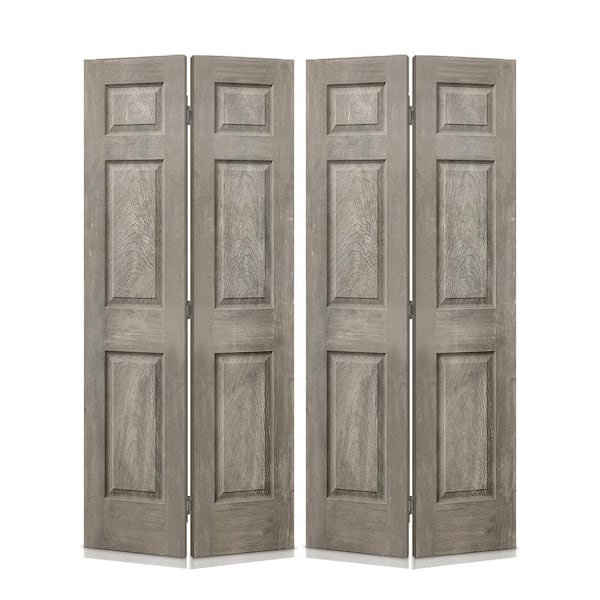 CALHOME 72 in. x 80 in. Vintage Gray Stain 6 Panel MDF Composite Bi-Fold Double Closet Door with Hardware Kit