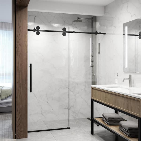 VIGO Elan 56 to 60 in. W x 74 in. H Frameless Sliding Shower Door with Laminated Glass and Handle in Matte Black