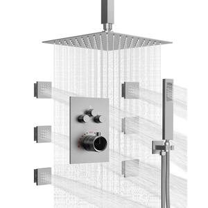Luxury 7-Spray Patterns Thermostatic 12 in. Ceiling Mount Rainfall Dual Shower Heads with 6-Jet in Brushed Nickel