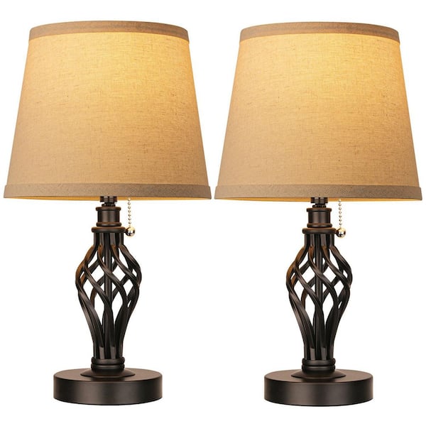16 in. Farmhouse Bedside Lamps (Set of 2) w/ USB Ports, Black Table Lamp Cream Drum Shade Spiral Cage Base without Bulb
