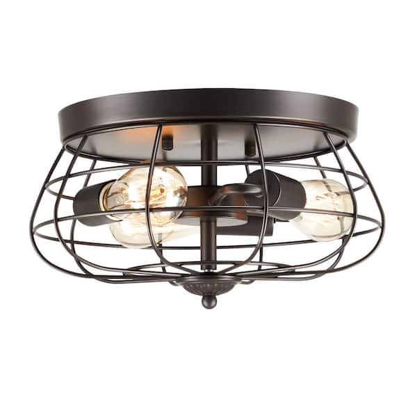 Merra 13 in. Industrial 3-Light Oil Rubbed Bronze Metal Cage Flush Mount