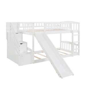 Twin Over Twin Low Bunk Bed Frame with Slide, Twin Floor Wood Bunk Bed with Staircase and Guardrails for Kids, White