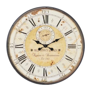 Brown Wood Distressed Analog Wall Clock with Typography
