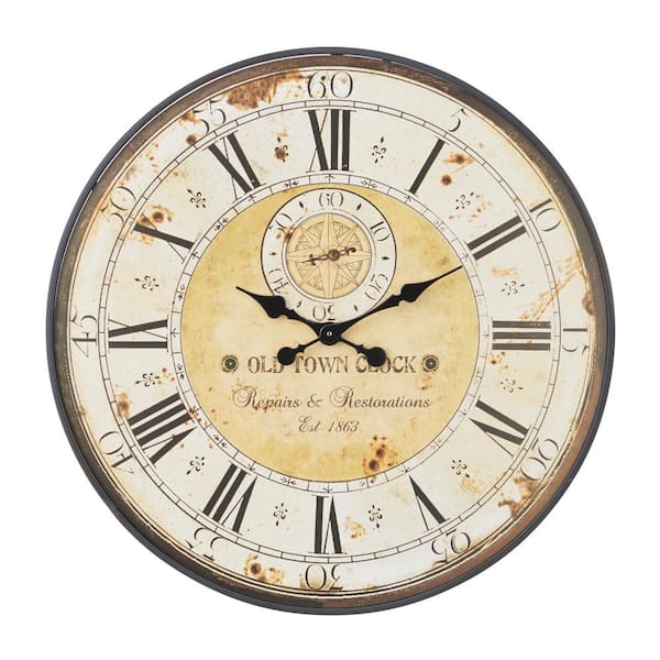 Litton Lane Brown Wood Distressed Analog Wall Clock with Typography 52531 -  The Home Depot