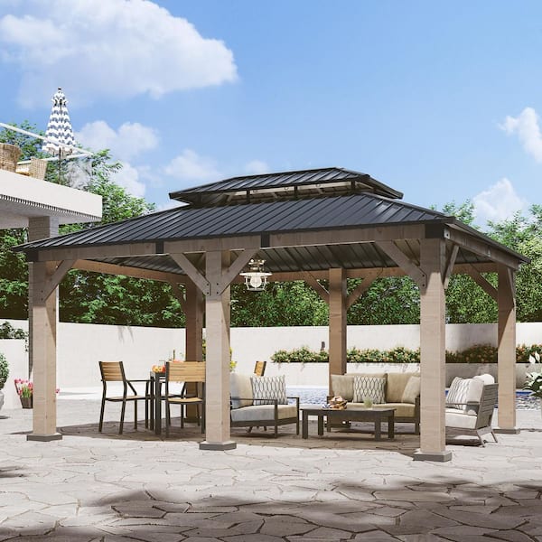 16 ft. x 12 ft. Outdoor Wood Gazebo, Hardtop Gazebo Permanent Wooden Pavilion with Galvanized Steel Double Roof