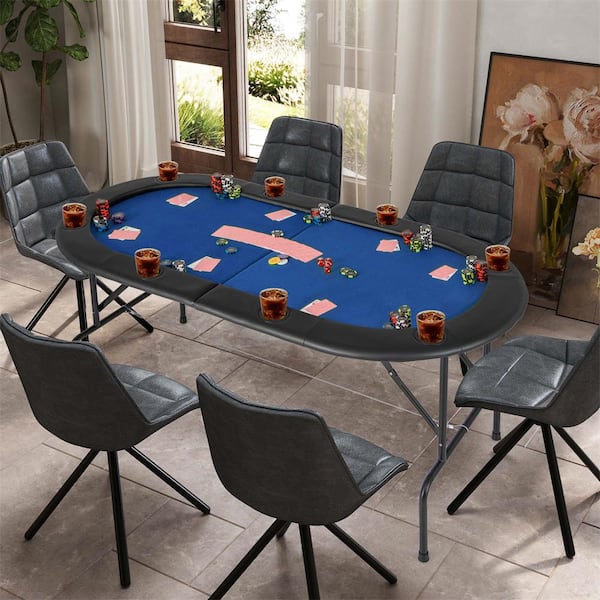8 Players Poker Table with 8 Cup Holders and Comfy Armrests Smooth Felt Surface in Blue