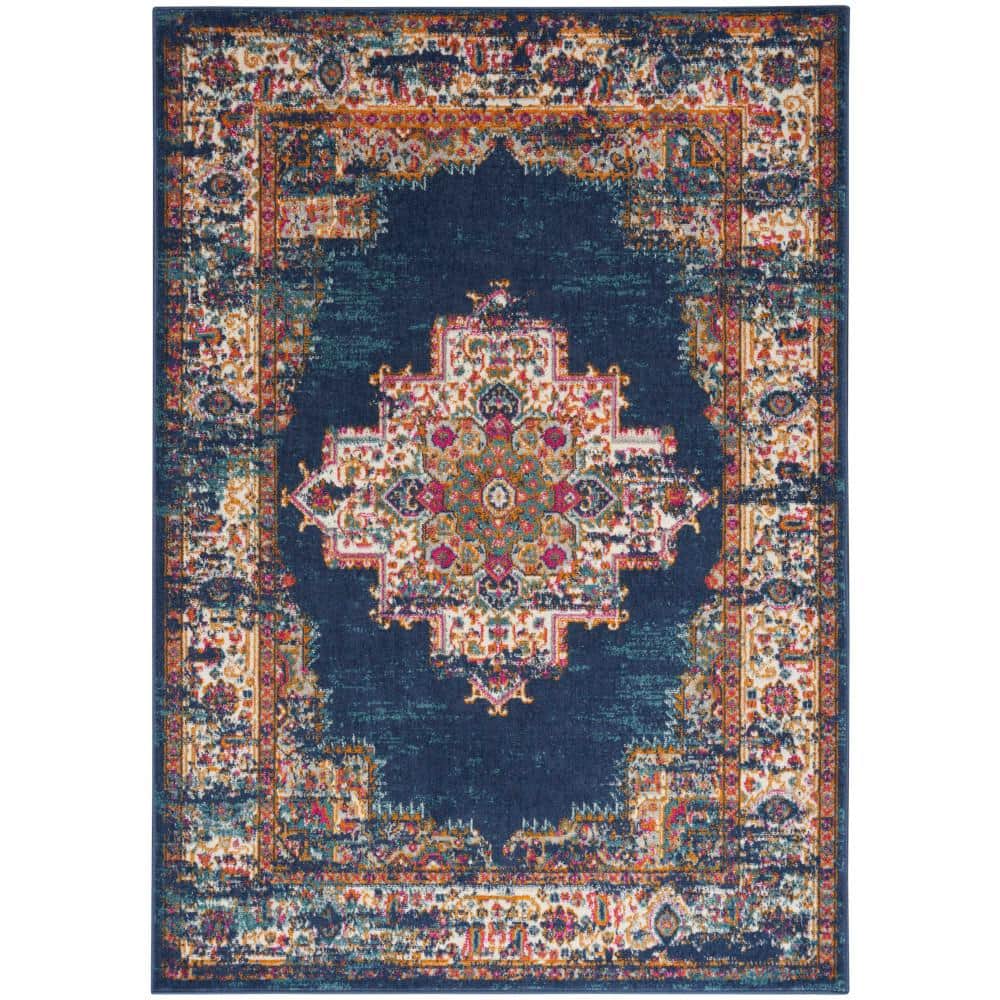Elysian Blooms Blue Floral 5' x 7' Easy-Care Synthetic Rug