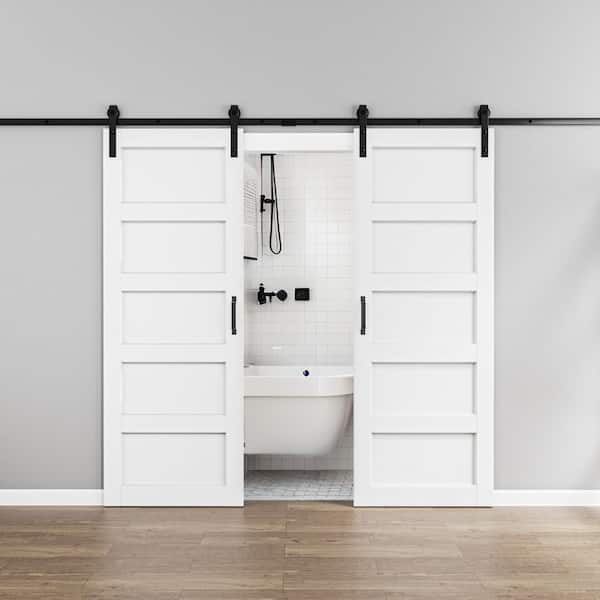 ARK DESIGN 60 in. x 84 in. Paneled 5-Lites White MDF with PVC Finished Sliding Barn Door Slab with Hardware Kit and Soft Close