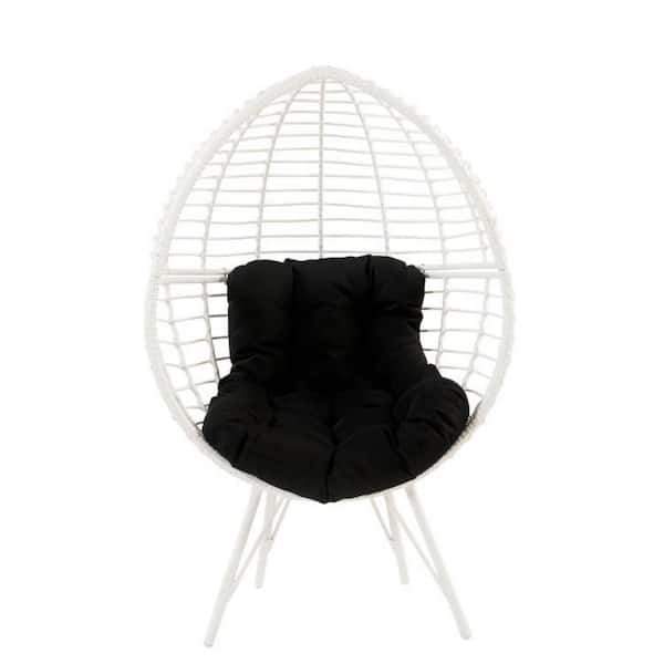 Misopily Modern Teardrop-Shaped Metal Frame Made of White Wicker Outdoor Lounge Chair with Metal Hairpin Legs and Black Cushions