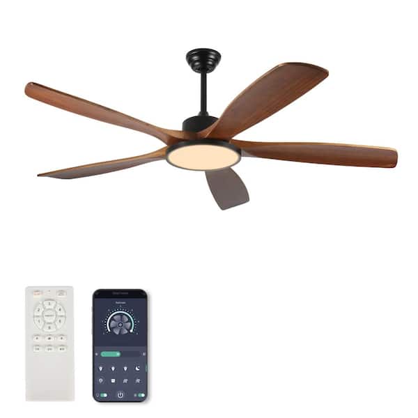 62 in. Black  Vintage Style Downrod Mount Ceiling Fan with 5 Solid Wood Blades, LED Light,  for Bedroom  Living room and