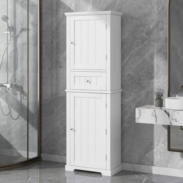 22 in. W x 11 in. D x 68 in. H White MDF Linen Cabinet with Drawer and Adjustable Shelf in White
