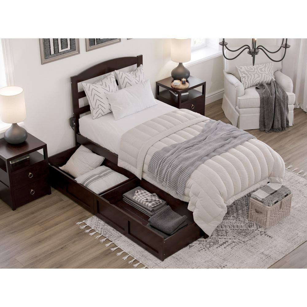 Espresso Twin Solid Wood Upholstered Platform Bed with Storage