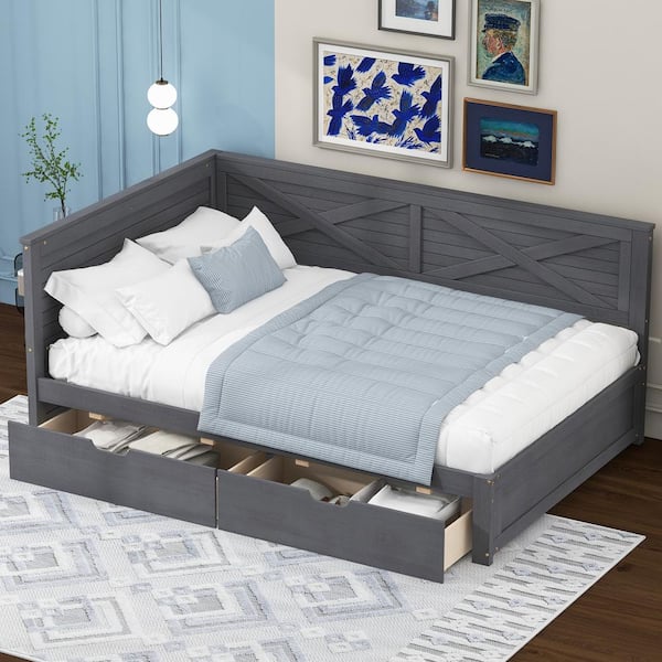 Nestfair Gray Twin Size Wood Daybed with Drawers and Rustic Guardrail