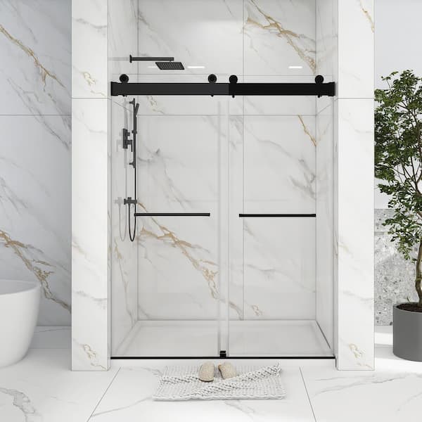 JimsMaison 60 in. W x 76 in. H Double Sliding Frameless Shower Door in Matte Black without Buffer