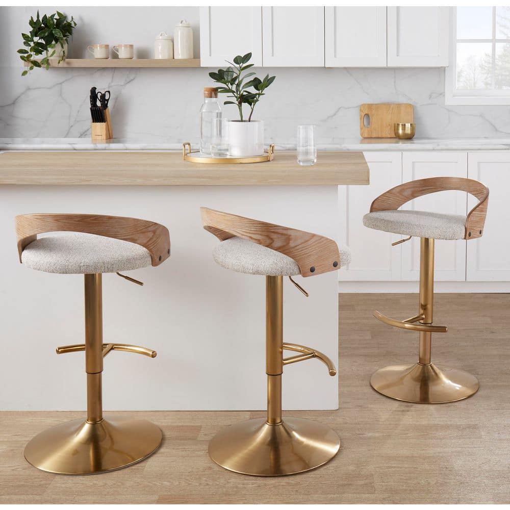 Grotto 39 in. Oat Fabric, White Washed Wood, and Gold Metal Adjustable Bar Stool with Rounded T Footrest price history on PriceWatchPro