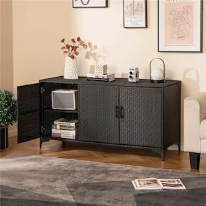 84 Gal. 3-Door Patio Wicker Storage Cabinet Deck Box with Removable Shelves Black