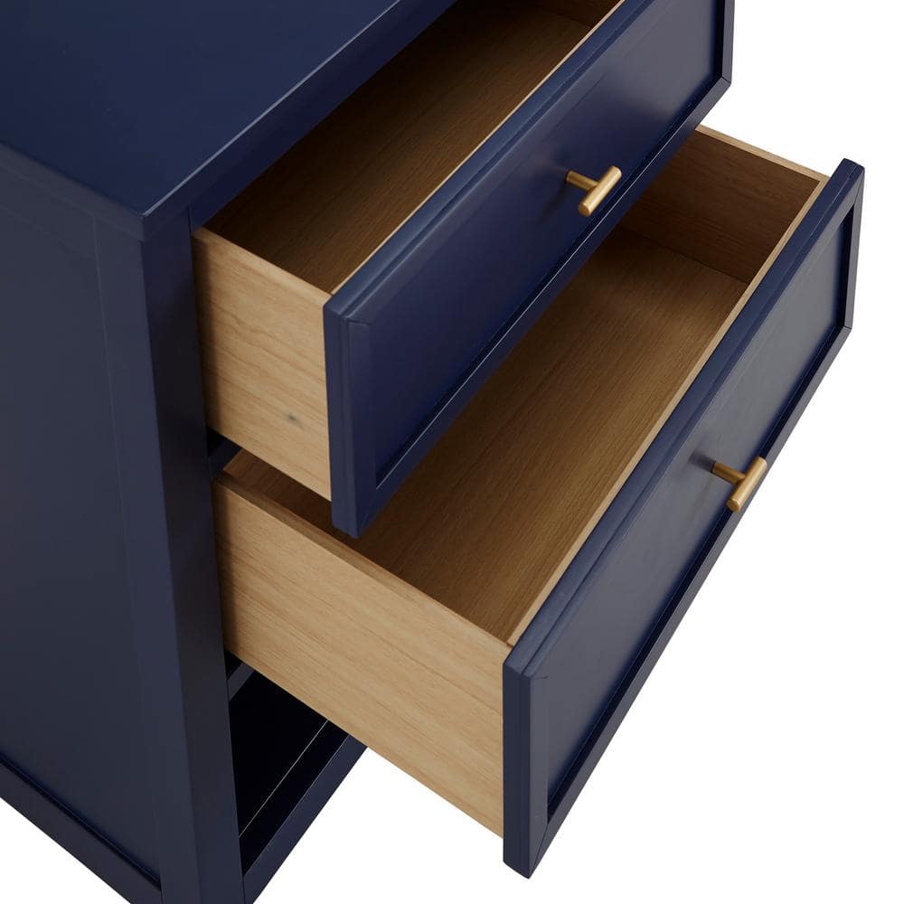 Two open drawers of a twilight blue nightstand showing light wood interiors.